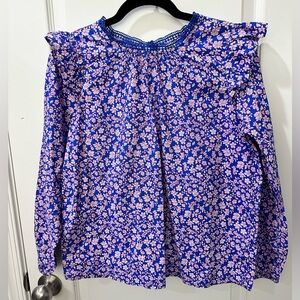 J. Crew Blue and White Flutter Sleeve Blouse with Ruffled Smocked Details